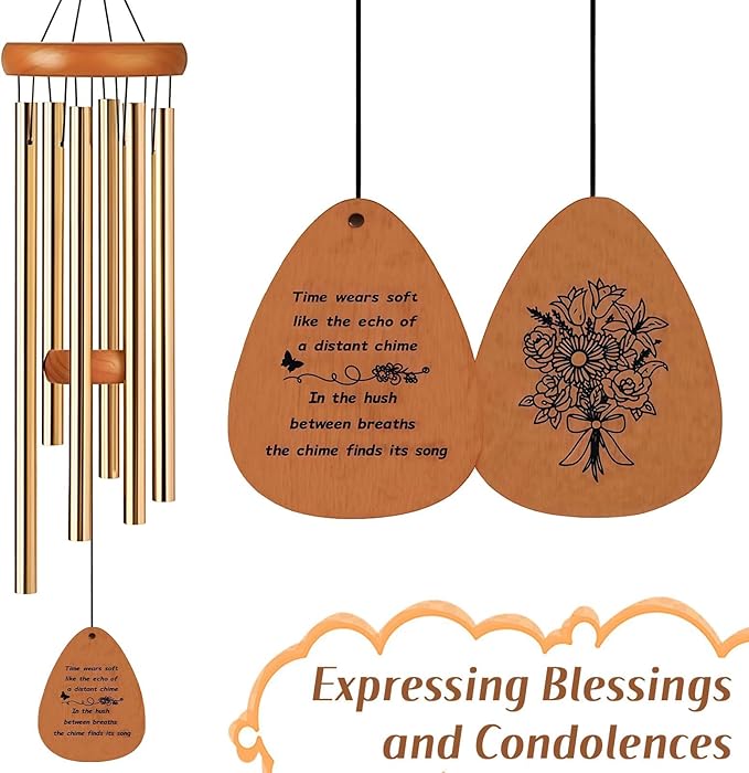 Aluminium Wind Chimes, 26" Wooden Sympathy Wind Chimes, Memorial Wind Chime for Loss of Loved One, Wind Tubes of Sympathy Gift, for Home Decor Outdoor Garden Patio(Golden)