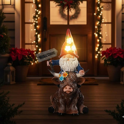 Solar Highland Cow Statue with Gnome Holding Welcome Sign Resin Highland Cow Figurines 9.2" Waterproof for Outdoor Lawn Yard Porch Patio Decor Housewarming Gifts for Women Mom Grandma
