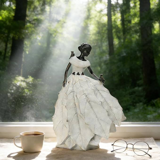 DiliComing Fairy Garden Accessories Outdoor Statue - 14.5 Inch Table Decor for Living Room Garden Maiden Bookshelf Decor Xmas Resin Holly Leaves Maiden White Statue