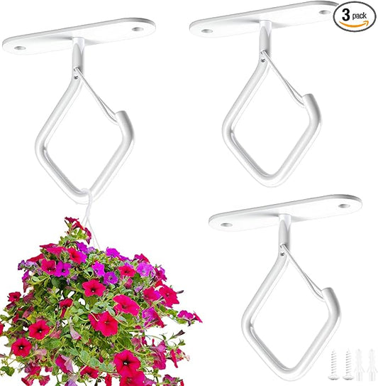 Ceiling Plant Hooks with Safety Buckle, White Metal Hanging Hooks for Plants, Wind Chimes, Bird Feeders, 3 Pack