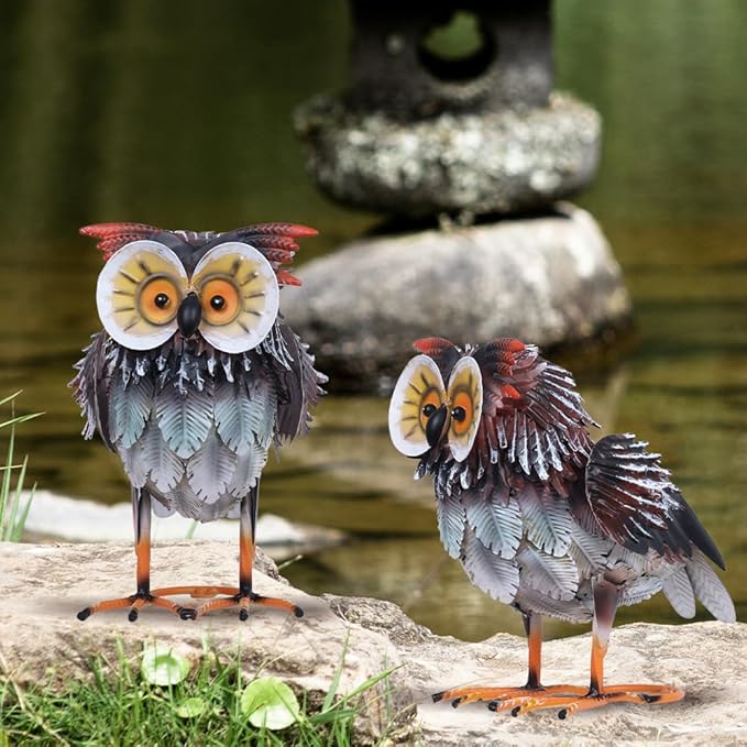hogardeck Owl Garden Decor Outdoor Statues, 2PCs Large Metal Bird Standing Yard Art, Lawn Sculptures Ornaments for Outside Patio Pond Backyard, Holiday Sympathy Gifts for Grandma Mom