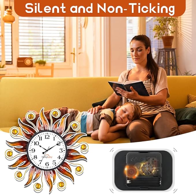 Outdoor Clock Silent Non-Ticking, 13" Sun Outdoor Wall Clock for Patio, Living Room, Home Decor（Orange）