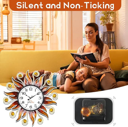 Outdoor Clock Silent Non-Ticking, 13" Sun Outdoor Wall Clock for Patio, Living Room, Home Decor（Orange）