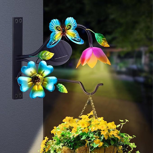 Lewondr Plant Hangers with Solar Light,9 Inch Metal Hanging Plant Bracket Outside,Butterfly Plant Wall Hook Solar Lights Outdoor for Wall,Flower Basket,Bird Feeder,Lantern,Wind Chime,2 Pack