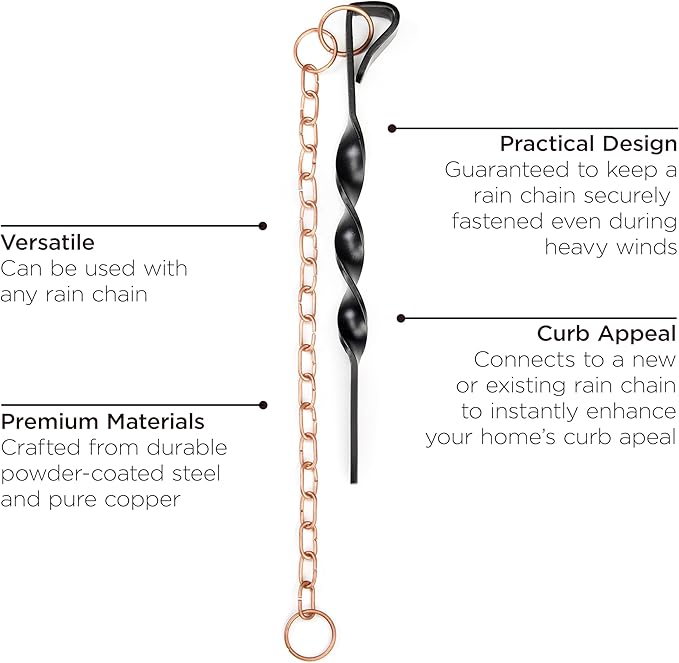 Good Directions 12” Rain Chain Ground Anchoring Stake, Black Powder-Coated Steel, Includes 17” Copper Chain