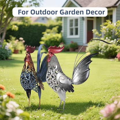18" Metal Roosters Garden Statues Outdoor Decor - Carved Iron Rooster Yard Art for Patio, Lawn, Backyard, Farmhouse - Chicken Lover Gifts-Set of 2