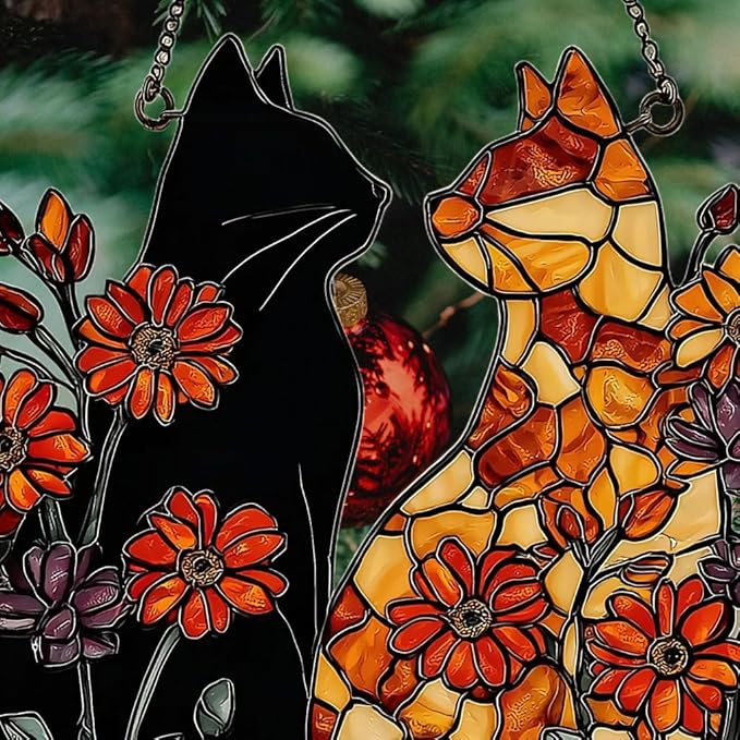 Warm Mosaic Cat Floral Art Acrylic Suncatcher Stained Glass Effect Window Car Hanging Christmas Ornament Indoor Outdoor Decor Garden Sun Catcher Panel for Valentine's Day Lover for Women Mom Grandma