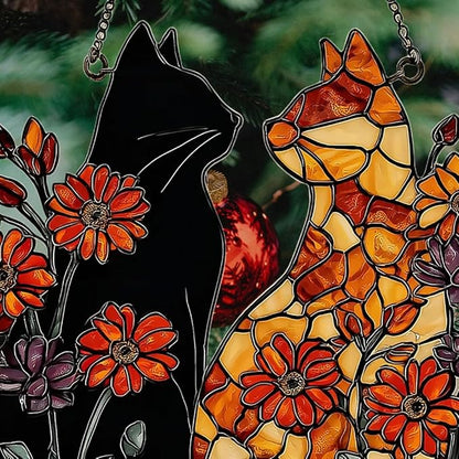 Warm Mosaic Cat Floral Art Acrylic Suncatcher Stained Glass Effect Window Car Hanging Christmas Ornament Indoor Outdoor Decor Garden Sun Catcher Panel for Valentine's Day Lover for Women Mom Grandma