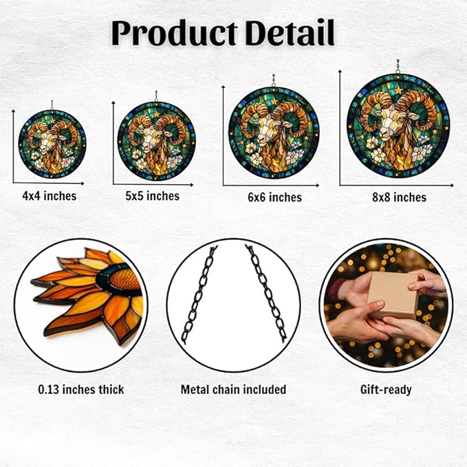 Vivid Aries Mosaic Floral Art Acrylic Suncatcher Stained Glass Effect Window Car Hanging Christmas Ornament Indoor Outdoor Decor Garden Sun Catcher Panel for Zodiac Lover for Women Mom Grandma