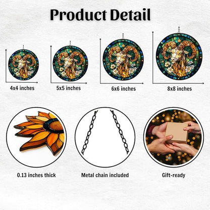 Vivid Aries Mosaic Floral Art Acrylic Suncatcher Stained Glass Effect Window Car Hanging Christmas Ornament Indoor Outdoor Decor Garden Sun Catcher Panel for Zodiac Lover for Women Mom Grandma