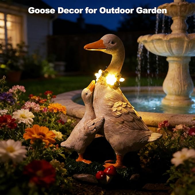 Porch Goose Statue Outdoor, Solar Garden Statue Goose Figurine Lights Outdoor Waterproof, Resin Outdoor Sculpture for Yard Porch Patio Lawn Garden Decor, Unique Gifts for Mom Grandma Women
