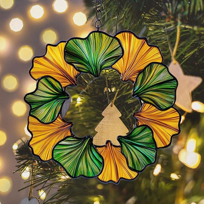 Ginkgo Wreath Acrylic Suncatcher Stained Glass Effect Window Car Hanging Christmas Ornament Indoor Outdoor Decor Garden Sun Catcher Panel for Acrylic Suncatcher Lover for Women Mom Grandma