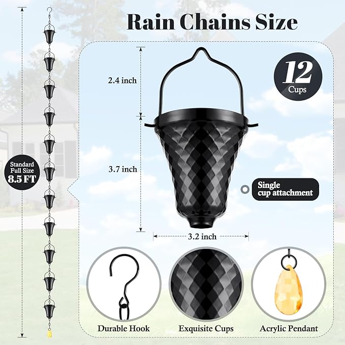 Rain Chains for Gutters Outside Black Powder Coated Downspouts Rain Catcher Diverter Metal Outdoor Decorative, 8.5 FT