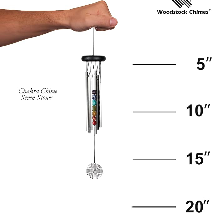 Woodstock Wind Chimes for Outside, Outdoor Decor, Outdoor and Patio Decor, Porch Decor, Meditation, Yoga, Awareness, Relaxation, 17" Woodstock Chakra Chime Seven Stones (CC7)