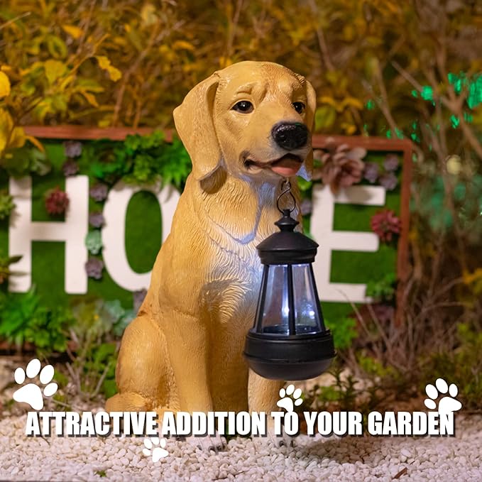 Garden Dog Statues Outdoor Decor, Golden Retriever Yard Outdoor Statue with Solar Lantern Lights Decorations Solar Dog Ornaments for Patio, Lawn, Yard Art Decoration, Housewarming Garden Gift