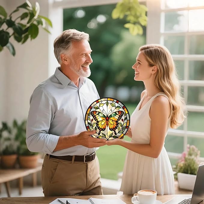 Butterfly Stained Glass Suncather for Window Hanging, 6.3'' Yellow Butterfly Ornament Gift for Women, Nature-Inspired Home Decor Gift for Mom, Grandma, Mother's Day (Yellow, 6.3'')
