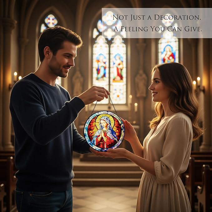 Stained Glass Window Hanging - Virgin Mary Suncatcher, The Holy Mother Mary Sun Catchers Decor for Window Hanging, Catholic Gifts for Christian Women Men Mom Wife Religious Faith 7.8in
