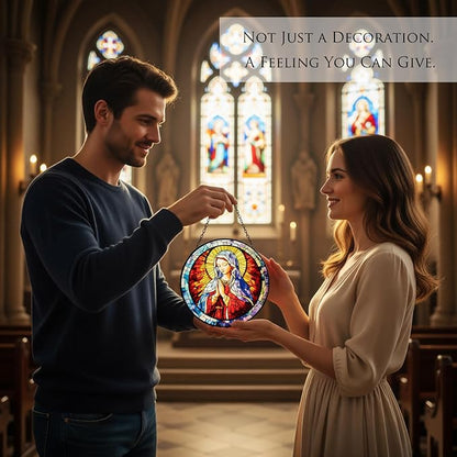 Stained Glass Window Hanging - Virgin Mary Suncatcher, The Holy Mother Mary Sun Catchers Decor for Window Hanging, Catholic Gifts for Christian Women Men Mom Wife Religious Faith 7.8in