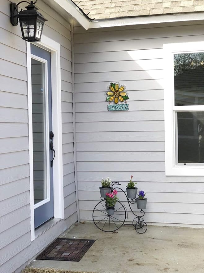 Welcome Sign for Front Door Decor Hanging Sign, Metal Flower Welcome Door Sign Wall Art Decor Hanging for Indoor Outdoor Patio Garden Yard Sign Porch Decoration 15.75X12.75In (3 Set)