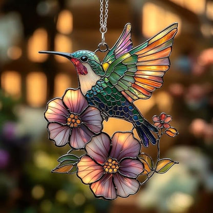 Flower and Hummingbird Acrylic Suncatcher, Flower Suncatchers for Window Hangings, Stained Glass Effect Garden Decor, Gift for Mother's Day, Mom, Grandma, Wife, Women