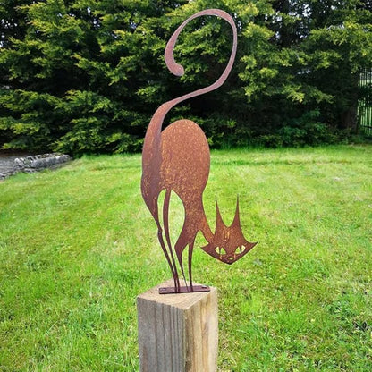 Retro Rust Metal Cat Fence Topper Decor, Outdoor Decor Rust Cat Iron Branch Art Craft Yard Garden Ornament Fence Topper, Cute Metal Craft Animal Garden Silhouettes(Size:15.75 x 6.69inch)
