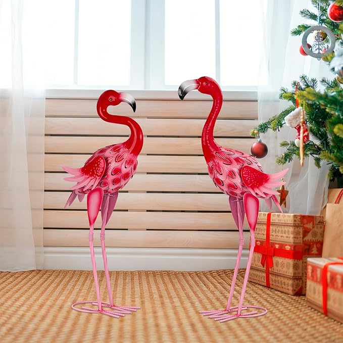 2Pcs Flamingo Garden Statues Metal Pink Flamingos Sculptures for Outdoor Backyard Decor Patio Lawn Porch Yard Decoration (Pink)