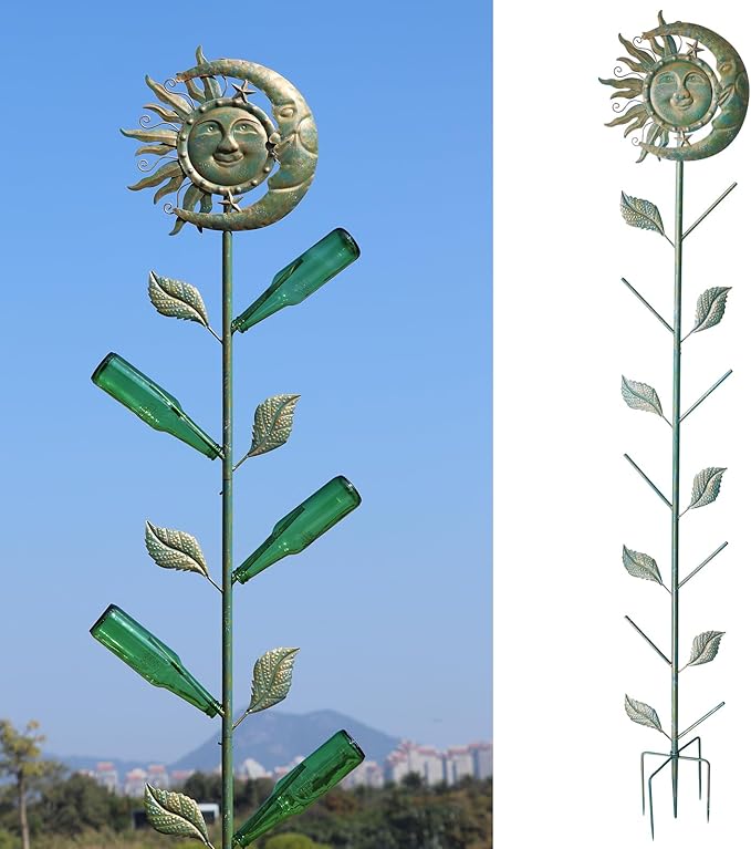 Moon & Sun Face Glass Bottle Tree/Wine Bottle Trees for the Garden Outsides Decorative Bottles Holder for Outside Party andscape Decoration