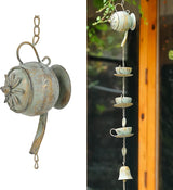 Jemeni 40" H Teapot & Cups Rain Chime with Bell Hanging, Green Patina…