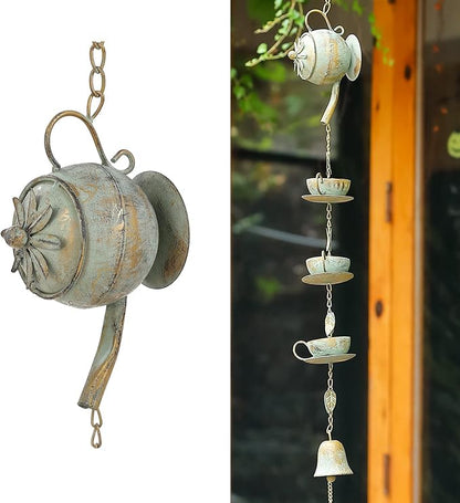 Jemeni 40" H Teapot & Cups Rain Chime with Bell Hanging, Green Patina…