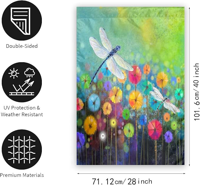 Spring Flower Garden Flag Dragonfly flags Welcome Summer House Flag for Outdoors 28 x 40 Double Sided Large Decorative Flag