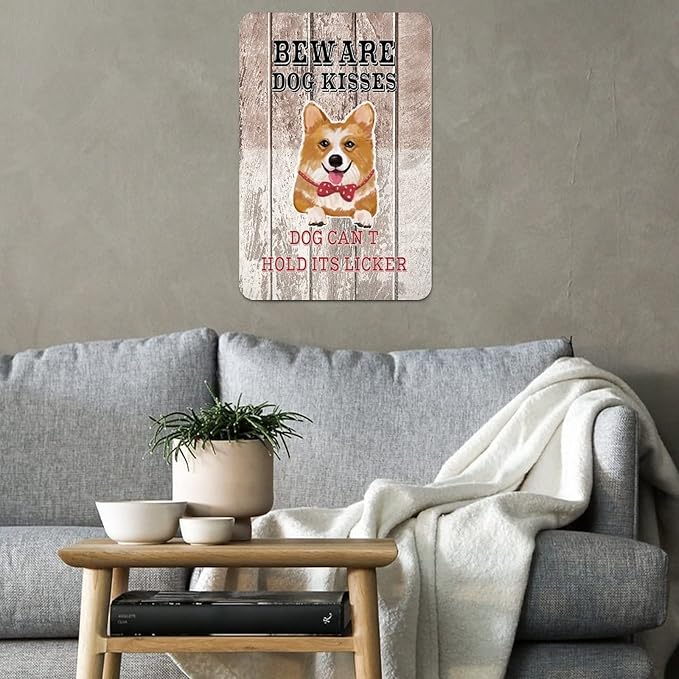 Beware Dog Kisses Dog Can't Hold Its Licker Street Metal Signs Vintage Man Cave Warning Aluminum Metal Tin Sign for Garden Patio Yard Cafe Pub Home Decor Wall Art Print Poster 8x12