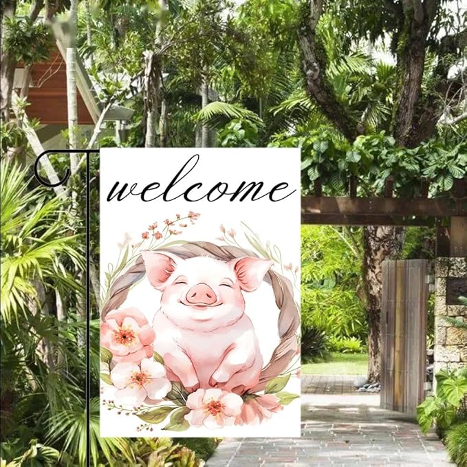 Gkyygk Welcome Garden Flag Pig Pink Flowers 12x18 Inch Banners Vertical Double Sided Small Yard Flag Burlap Farmhouse Outdoor Lawn Patio Decor