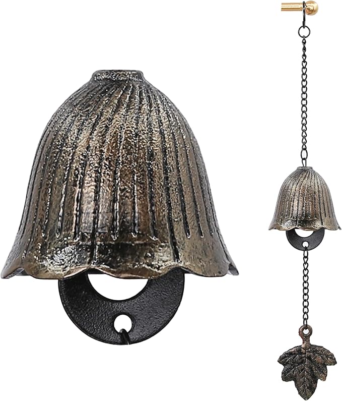 Japanese Wind Chime Cast-Iron Outdoor Ornament for Garden, Patio & Balcony, Hanging Metal Wind-Bell Decoration Gift, Blessing Pendant Windchime, Flower & Maple Leaf