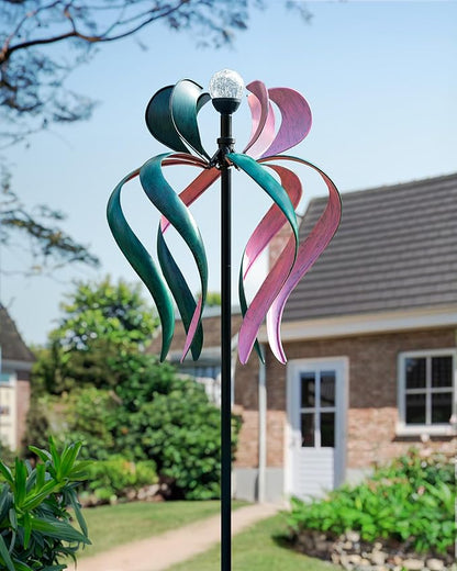 89" Wind Spinner Outdoor with Solar Light, Extra Large Metal Kinetic Wind Sculptures Spinners, Windmill for Garden Yard Patio Lawn Decor -Dancing Ribbon (20" W x 89" H)