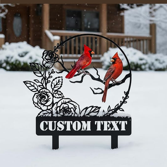 Personalized Garden Name Signs with Stake, Custom Red Bird Metal Decor Decorative Outside, Yard Outdoor Art Gift for Mom Grandmother, Patio House Warming Gifts New Home