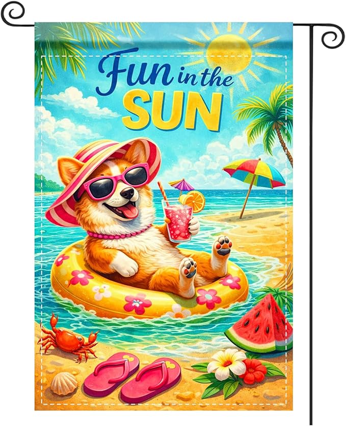 Nuxovilar Summer Garden Flag Fun In The Sun Beach Dog Float Pattern Polyester 12x18 Inches Garden Flags for Outside Playful Decor Yard Porch Pool