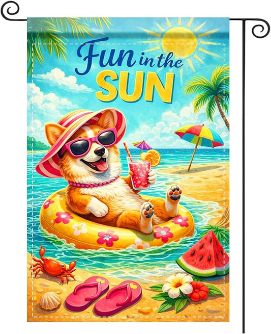 Nuxovilar Summer Garden Flag Fun In The Sun Beach Dog Float Pattern Polyester 12x18 Inches Garden Flags for Outside Playful Decor Yard Porch Pool