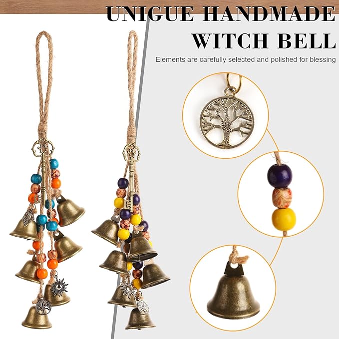 2 Pieces Witch Bells for Door Knob for Protection Handmade Decorative Door Hanging Bell Witch Wind Chimes for Boho Home Room Decor(Colorful)