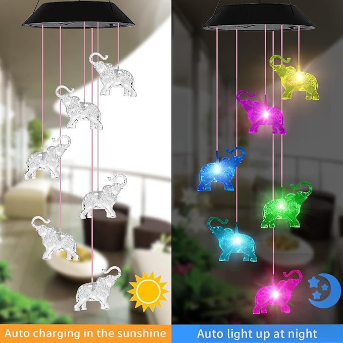 Elephant Solar Wind Chimes for Outside, Birthday Gifts for Mom Grandma, Waterproof LED Solar Powered Memorial Wind Chimes with 7 Color Changing for Garden Outdoor Yard Lawn Decor