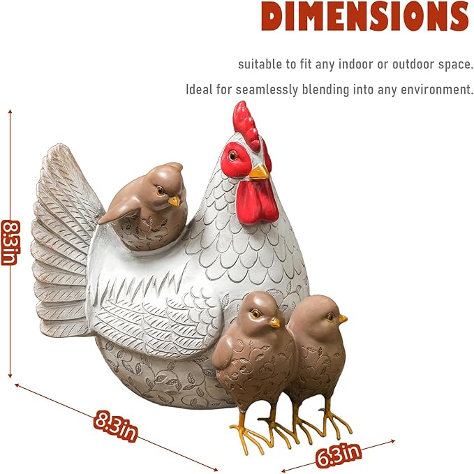 Resin Chicken Statues, Chicken Figurine Ornament Sculpture Decorations for Indoor Outdoor Porch Patio Flower Bed Home Bookshelf Lawn Backyard Landscape, 8.3" H × 8.3" L × 6.3" W