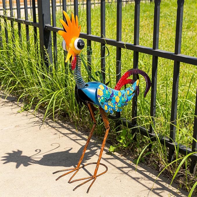 Metal Wacky Rooster Garden Statues Outdoor Decor, 23'' Rooster Decor Chicken Yard Sculptures Art Decoration for Home Outsiede Patio Lawn Backyard, Gift for Women Lovers Moms(Blue)