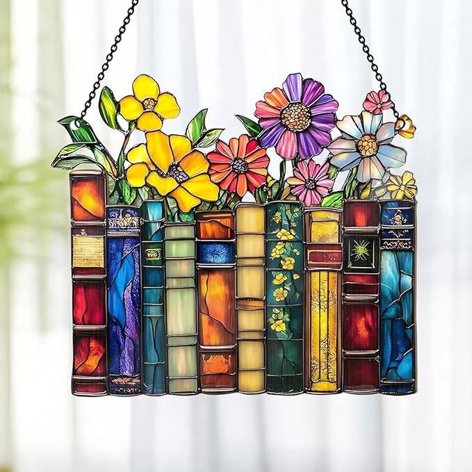 Jesuspirit - Window Hanging Suncatcher – Crystal Clear Acrylic & Wood Sun Catcher for Home Decor, for Women (Vintage Flower Book, 6 Inches)