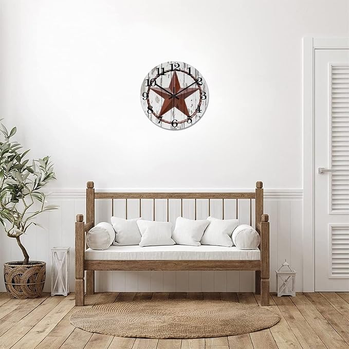 15 Inch Decorative Wall Clock Western Texas Star Country Farmhouse Wood Clock Silent Non-Ticking Battery Operated Classic Wooden Desk Clock for Home School Living Room Decoration Home Accent