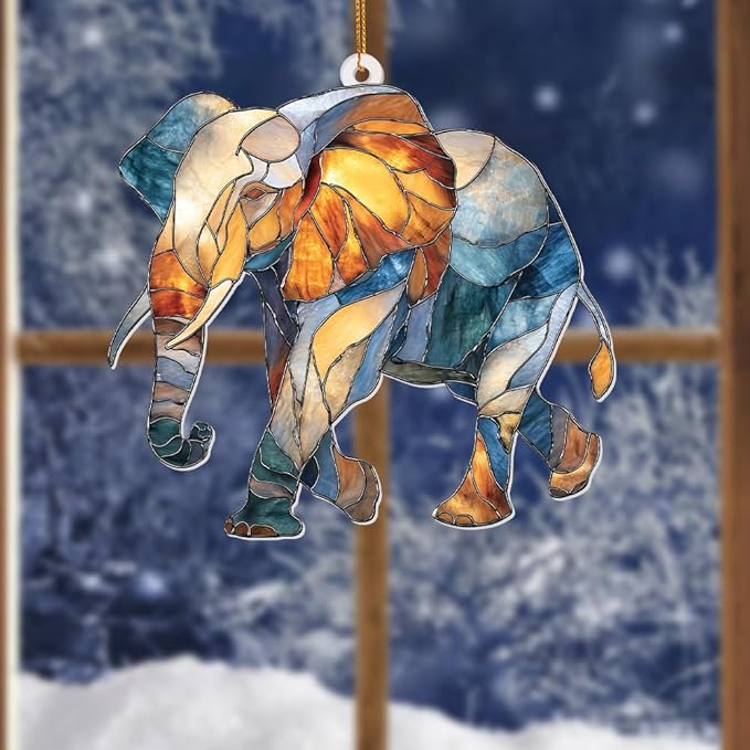 Elephant Ornament Stained Glass Style Acrylic – Window Hanging Suncatcher, Elephant Gifts for Women, Wildlife Animal Decor, Rearview Mirror Ornament, Holiday Christmas Tree Decorations(Sun-27)
