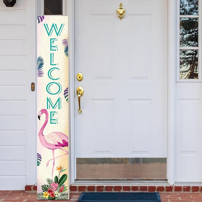 47" Thanksgiving Porch Sign Door Decoration Wooden Porch Sign with Leaves for Front Door Merry Christmas Decorations Rustic Farmhouse Hanging Wall Standing for Harvest(Flamingo)