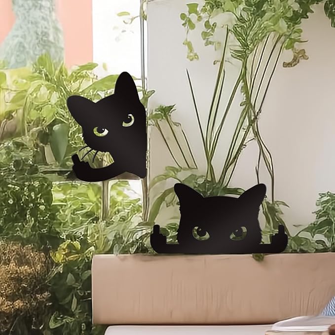 Bnesi 2 Pcs Black Cat Garden Sculptures Metal Fence Decorations Outdoor Decorations for Cat Lovers Black Metal Yard Art Lawn Ornaments Home Decor for Garden Yard Lawn (Funny)