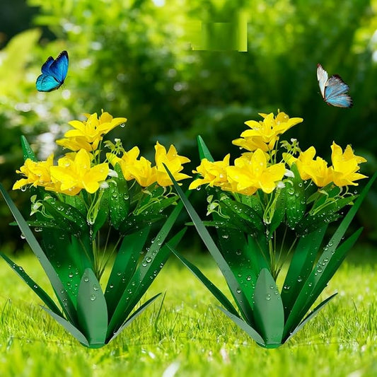 DDQ Metal Agave Plant Outdoor Decor with Artificial Flowers, Mexican Style Garden Sculpture, Waterproof Yard Art for Patio Lawn, Multiple Flower Options (Green Agave + Sunflower/Red/Yellow/Purple)