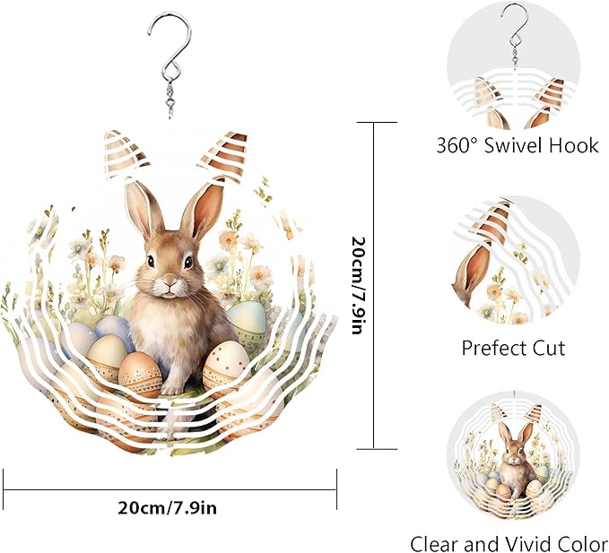 Easter Bunny Wind Spinner Easter Day Gifts 3D Metal Kinetic Hanging Wind Sculpture Spinners for Yard and Garden Indoor Outdoor Window Easter Rabbit Yard Art Garden Decoration 8 Inch (Bunny 1)