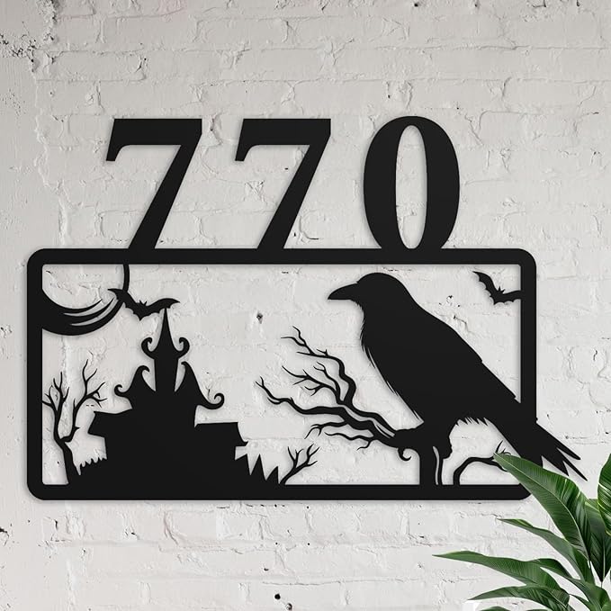 Personalized Gothic House Number metal Signs,Custom Address Number Metal Wall Art Decor,Black Plaques Outdoor wall Decorative Signage,Shed(8-30 Inches) (Crow C)