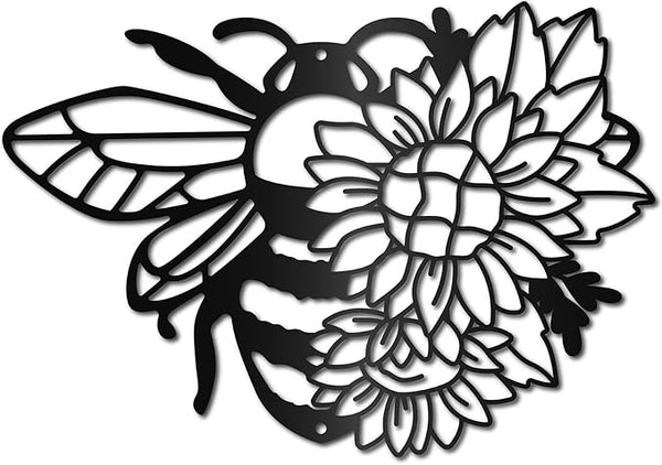 CREATCABIN Bees Metal Wall Art Decor Sunflower Sculpture Wall Hanging Decoration Sign Iron Outline Wall Art Black Rustic Decor Ornament Wall for Indoor Outside Living Room Home Office 12 x 9Inch